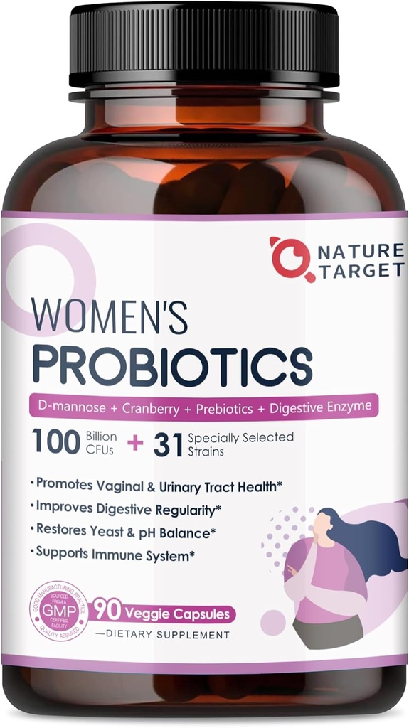NATURE TARGET Probiotics for Women, 100 Billion CFUs Probiotic med Digestive Enzymes & Prebiotika, Vaginal Probiotika med Cranberry för urinvägs hälsa, pH Balance, 90 Veggie Capsules