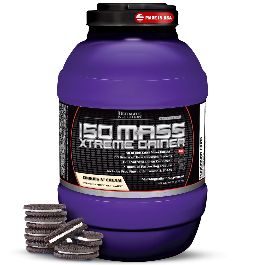 Ultimate Nutrition ISO Mass Xtreme Gainer - High-Calorie Mass Gainer with Creatine & Whey Isolate Protein Powder for Weight Gain, Lean Muscle Mass, Bulk Supplement - Cookies N Cream, 10lbs