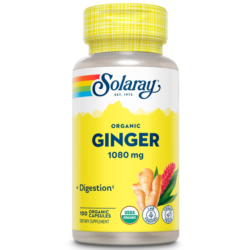 SOLARAY Organic Ginger 1080 mg - Organic Ginger Supplements - Relieves Nausea and Vomiting Associated with Motion Sickness, Supports Joint Health - Vegan, Non Drowsy, 60-Day Guarantee, 50 Servings