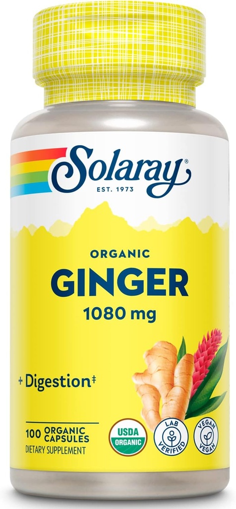 SOLARAY Organic Ginger 1080 mg - Organic Ginger Supplements - Relieves Nausea and Vomiting Associated with Motion Sickness, Supports Joint Health - Vegan, Non Drowsy, 60-Day Guarantee, 50 Servings