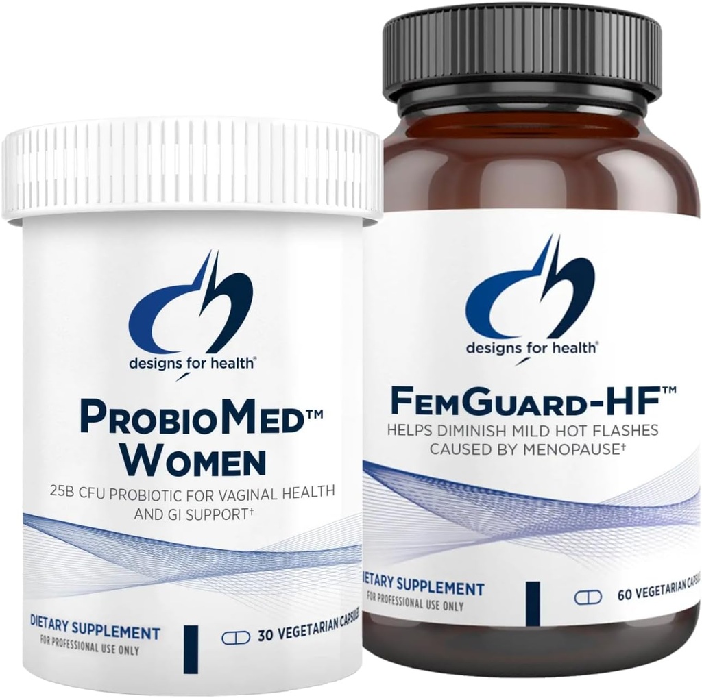 健康热闪光和阴道辅助装置的设计 -- -- FemGuard-HF(60卡普勒斯)帮助Diminish Mold Menopause Hot Flashes + ProbioMed Women(30卡普勒斯) Gut和阴道辅助装置