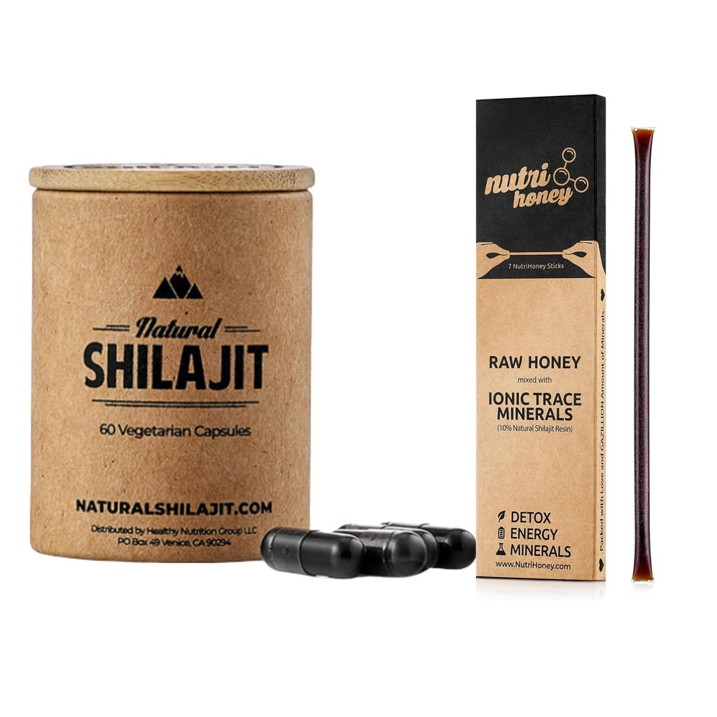Natural Shilajit Capsules (1-2 Months Supply) - 60 Count & Shilajit Honey Sticks - Natural Shilajit Resin Mixed with Raw Honey (7 Sticks)