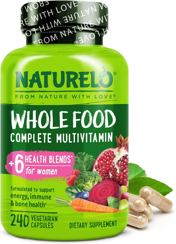 NATURELO Whole Food Multivitamin per le donne - con vitamine, minerali e estratti organici - Supplemento per l'energia e la salute del cuore - Non OGM - 240 capsule vegane