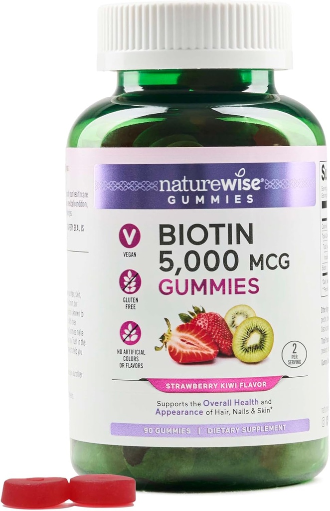 NatureWise Biotin Gummies - Поддерживает здоровые волосы, кожу и крепкие ногти - Витамин B7 5000 мкг - Природная красота - Клубничный-Киви Флавор - Веганский, Не-ГМО, Без глютена - 90 граф [45 дней поставки]