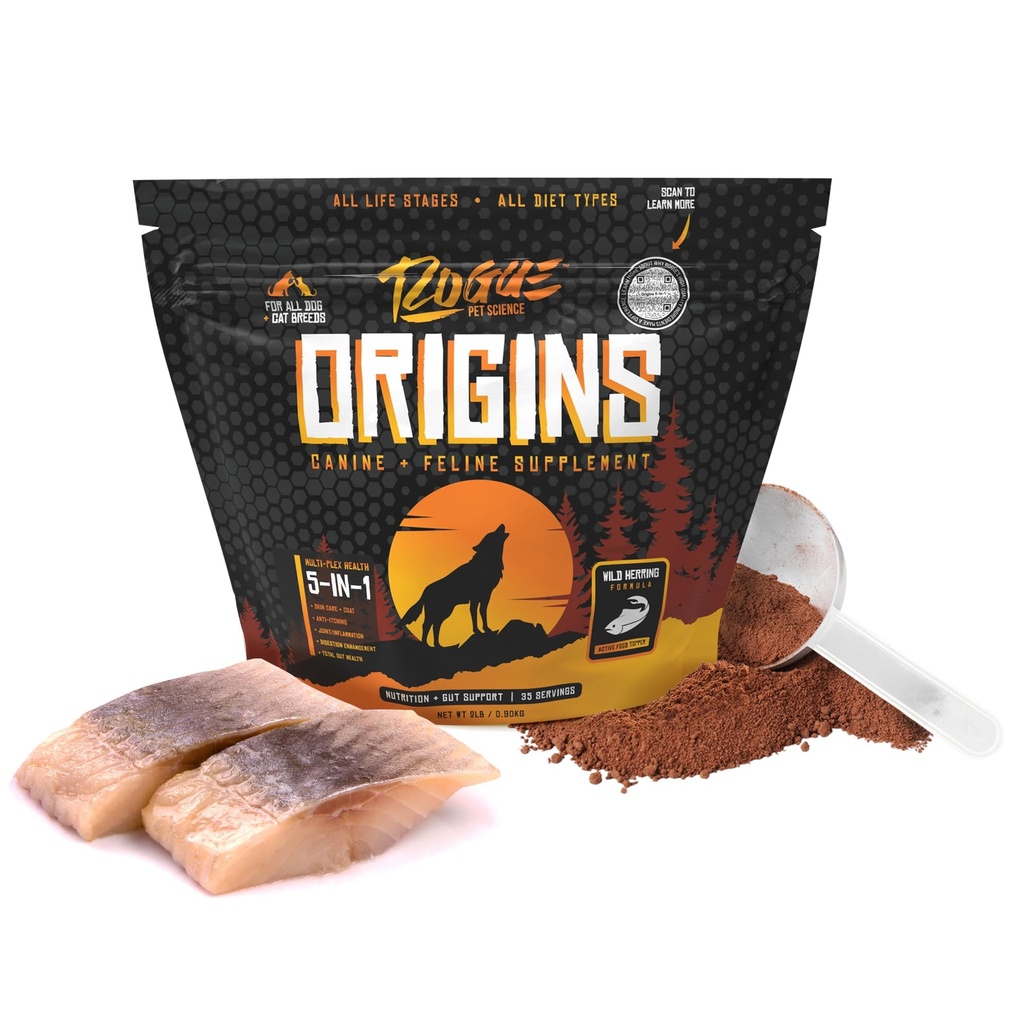ROGUE PET SCIENCE Origins 5-in-1 Dog Supplement - Powdered Food Topper w/Natural Omega 3 Fish Oil - Supports Healthy Digestion, Skin, and Coat - Helps Reduce Itching & Joint Inflammation (2 lbs)