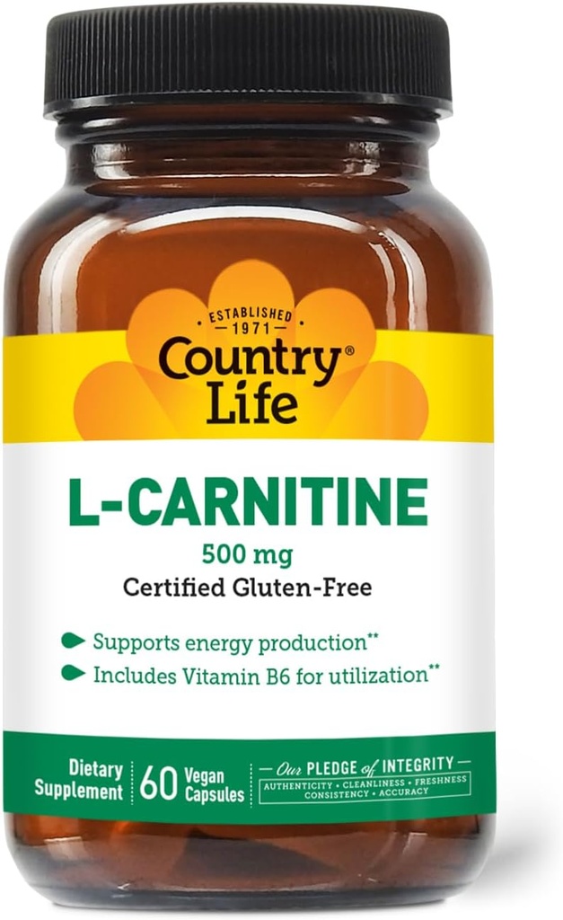 Country Life L-Carnitine 500mg — 60 Vegan Capsules , Supports Energy Production " Fat Metabolism | Includes Vitamin B6 for Utilization , Gluten-Free, Certified Vegan Amino Acid supplement