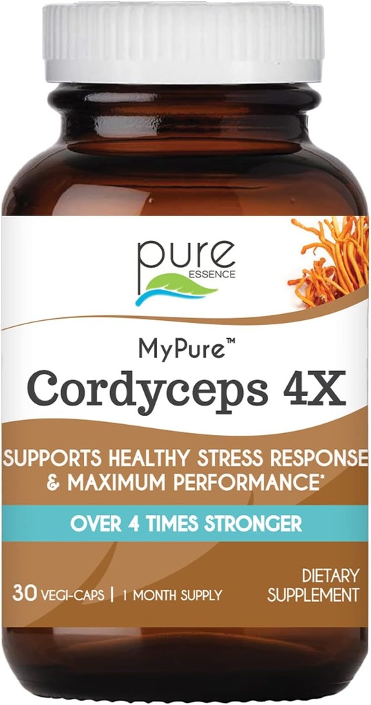 PURE ESSENCE LABS MyPure Cordyceps 4X Mushrooms - Cordyceps concentrados Mushroom Powder Suplementos para el sistema inmunológico, respuesta al estrés, rendimiento físico y mental - 1 mes de suministro