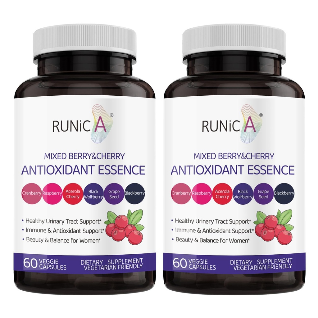 6X 6-in-1 Mixed Berry & Cherry Antioxidant Supplement - 6-Berry Extract for Even Skin Tone & Urinary Tract Health - 120 Vegan Capsules, 60-Day Routine Bundle