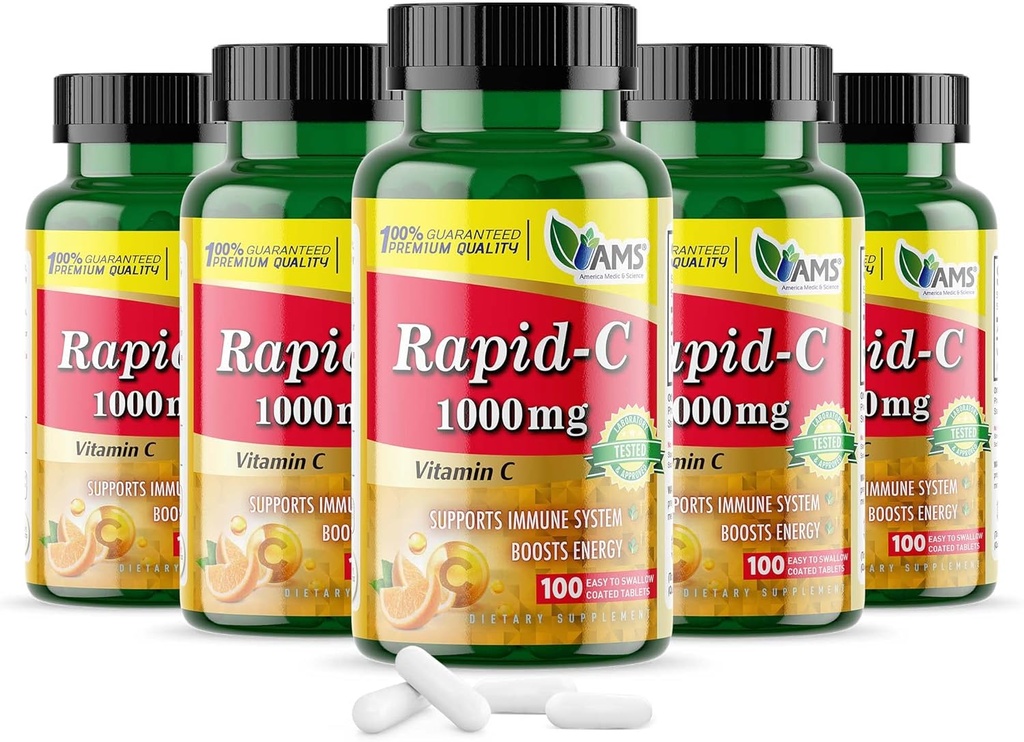 America Medic & Science Rapid-C 1000mg Vitamina C Supliment (5 Pachet de 100 comprimate) Booster de energie, Daily Immune System Support, Antioxidant 