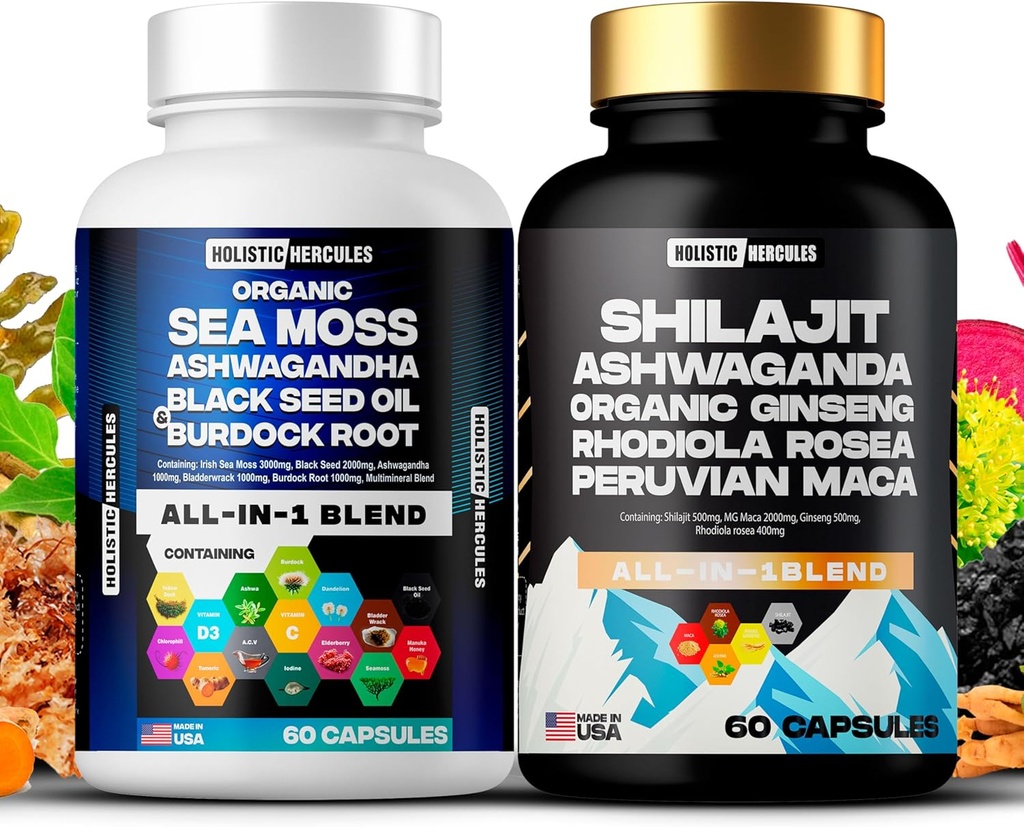 Holistični Hercules Classic Combo Bundle - Sea Moss 3000mg, Črno seme 2000mg, Ashwagandha 1000mg, Shilajit 5000mg, Panax Ginseng 1500mg, Perujski Maca 2000mg, Vse v 1 dopolnila paket