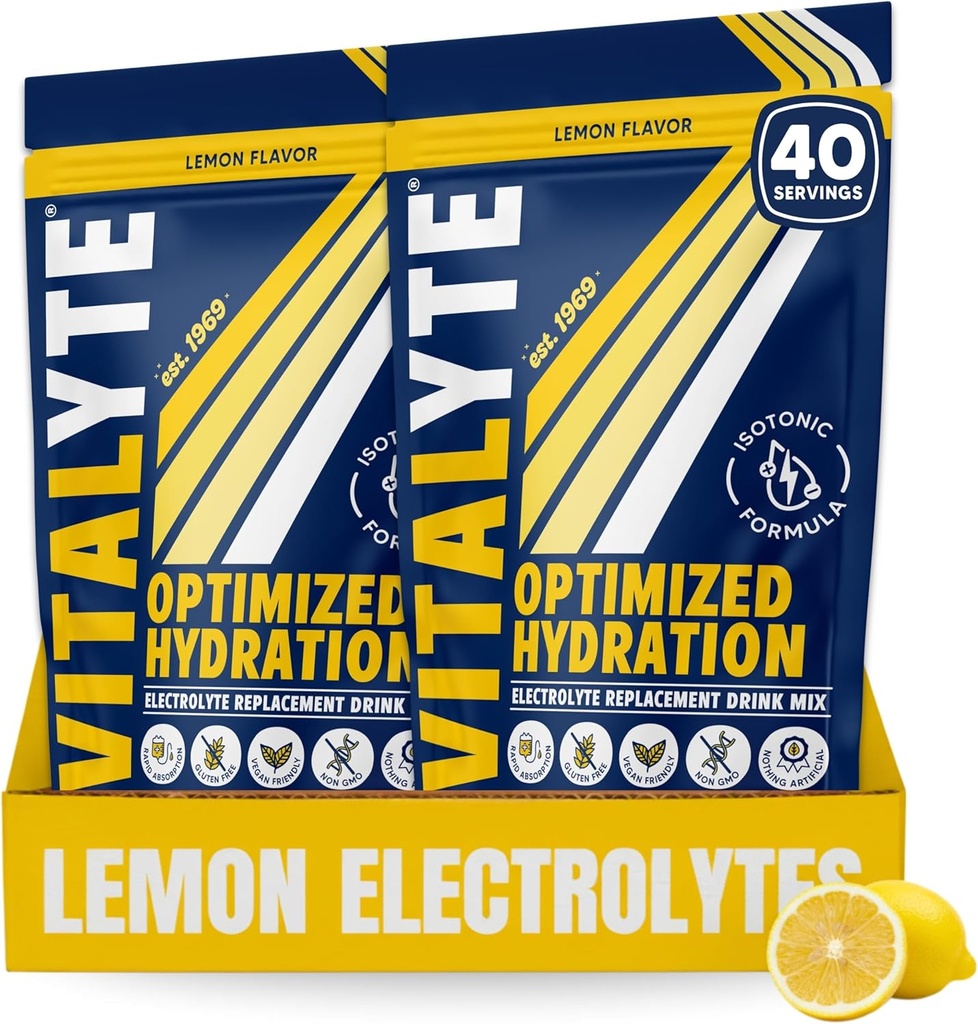 Vitalyte Electrolyte Powder Drink Mix, Isotonic Electrolyte Hydration Mix, Gluten Free Post Workout Powder Mix, Pack of 2, 35 oz. Each, Lemon Flavor