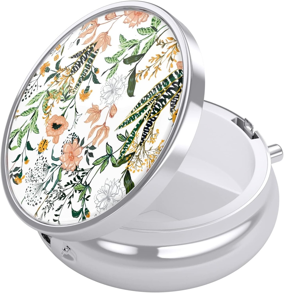 Nipichsha Pill Box, Small Pill Case for Purse & Pocket, Cute Travel Medicine Organizer, Portable Medicine Container Holder för att hålla vitaminer, Medicinering, fiskolja och tillägg, Blommor Illustration