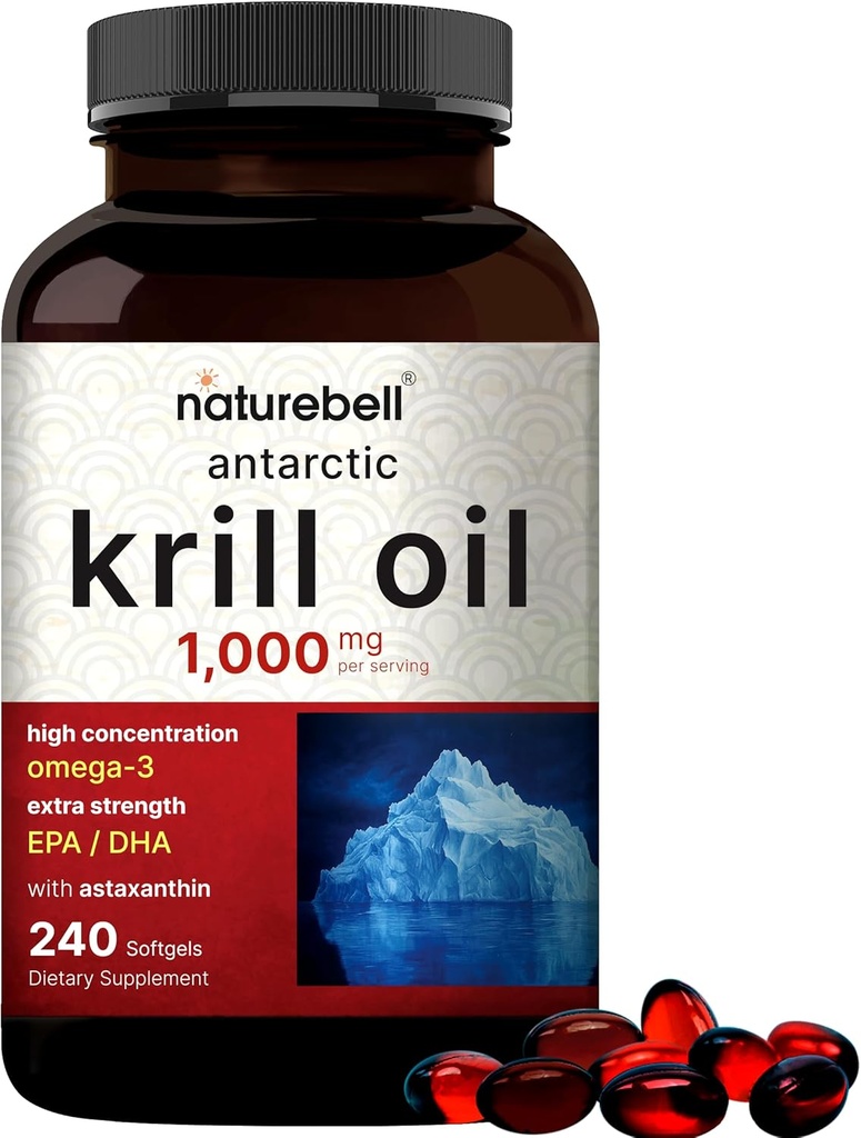 NatureBell Antarktika Krill Oil 1000mg dodatek, 240 Softgels, naravni vir Omega-3s, EPA, DHA in Astaksantin - Brez pookusa - Podpora zdravje srca, Merkur Free & Non-GMO