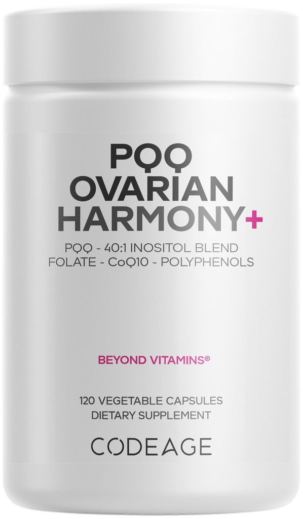 Codeage PQQ Ovarian Harmony+ Supplement - PQQ (Pyrroloquinoline Quinone), Myo-Inositol & D-Chiro-Inositol 40:1 Blend, Folate 5-MTHF, CoQ10, Wild Blueberry - Liposomal Delivery - Non-GMO - 120 Capsules