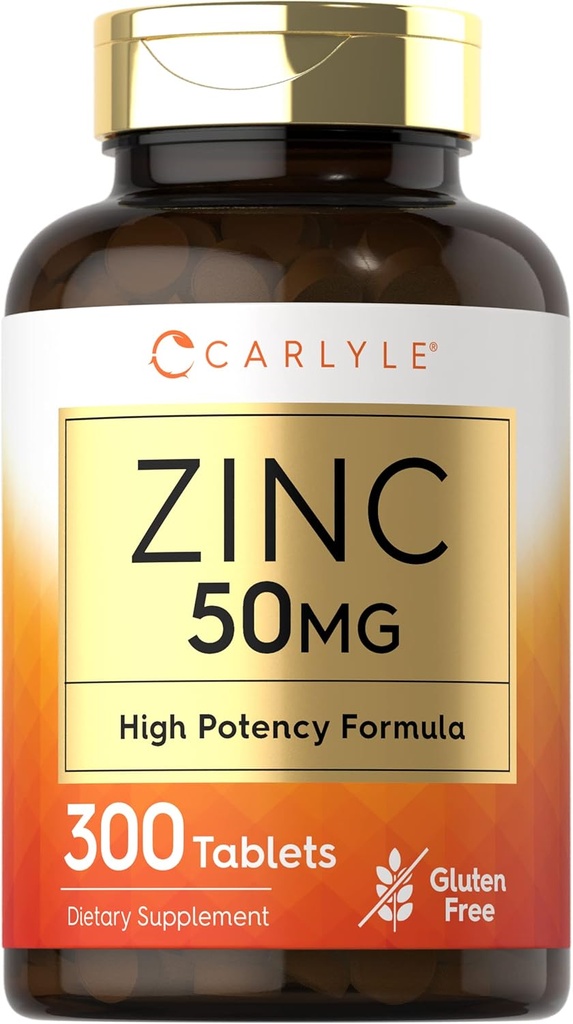 Carlyle Zinc 50mg 300 Comprimidos Vegetarianos, Não-GMO e Suplemento Gluten Grátis