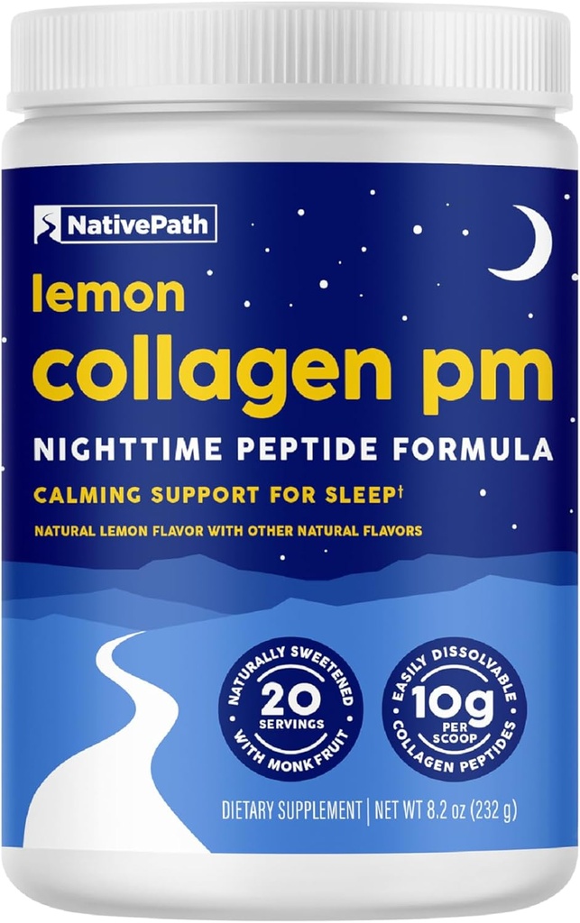 NativePath Collagen PM - Lemon Nighttime Collagen Peptides אבקת עם Magnesium, GABA, L-theanine ומלטונין - 20 משרתים