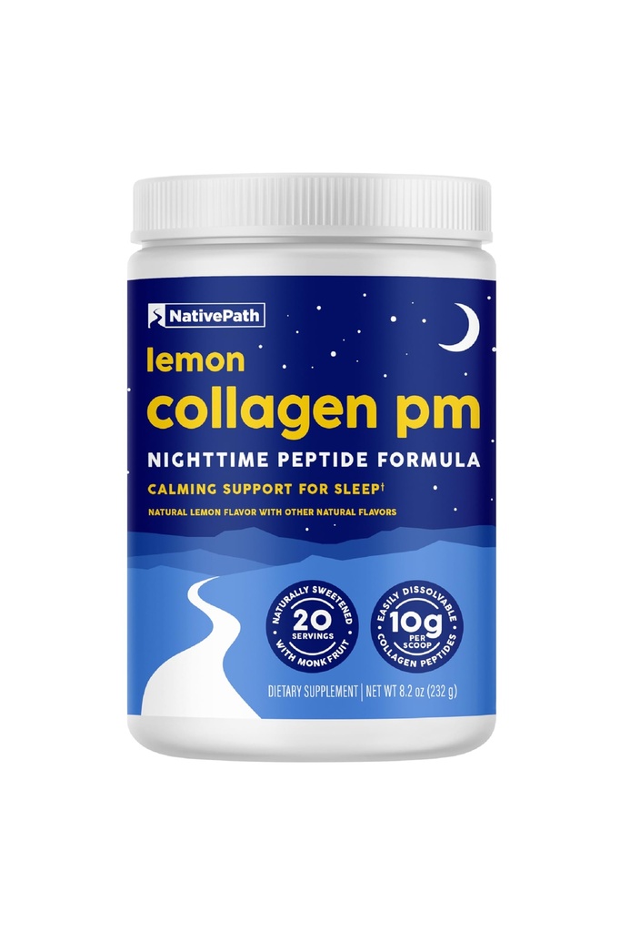 NativePath Collagen PM Sleep Powder, Lemon - Melatonin, Magnesium, GABA & L-Theanine with 10g Grass-Fed Collagen - 20 Servings, Nighttime Recovery Drink