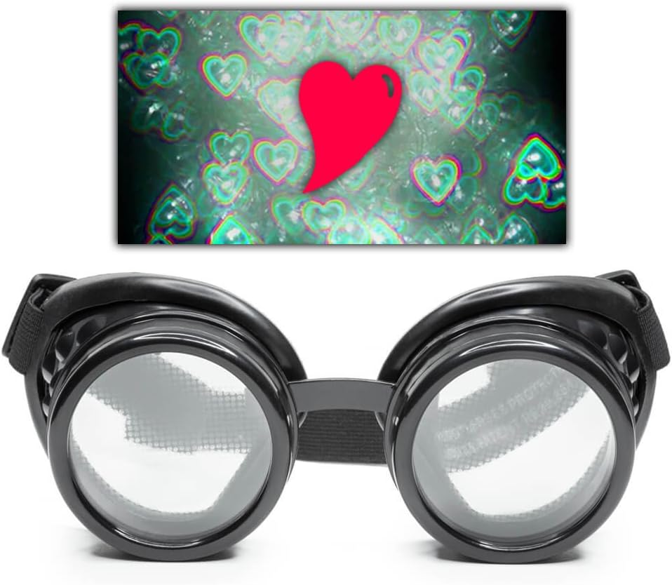GloFX Black Heart Effect Diffraction Gogles - Вижте Hearts - 3D Holographic Visuals Edm Rave Outfit Steampunk Cosplay Music Festival Essential