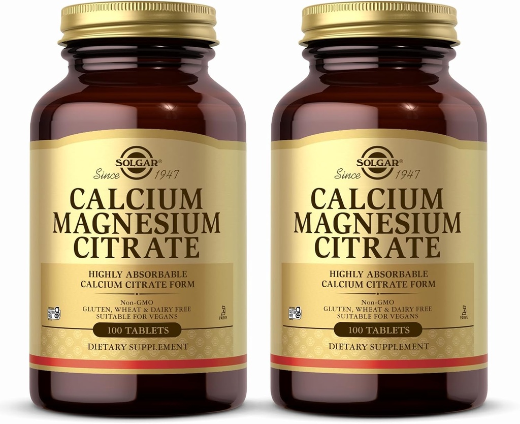 Solgar Calcium Magnesium Citrate - 100 טבליות, Pack of 2 - Non-GMO, טבעוני, Gluten Free, כשר - 40 Total Servers