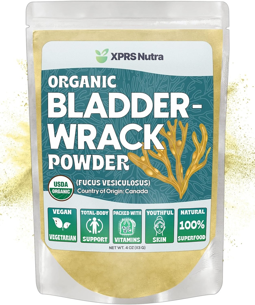 XPRS Nutra Organic Bladderwrack Powder (Fucus Vesiculosus) - Premium Bladderwrack Organic Powder for Glowing Skin - Vegan Friendly Bladderwrack Herb Jod Supplement (4 Ounce)