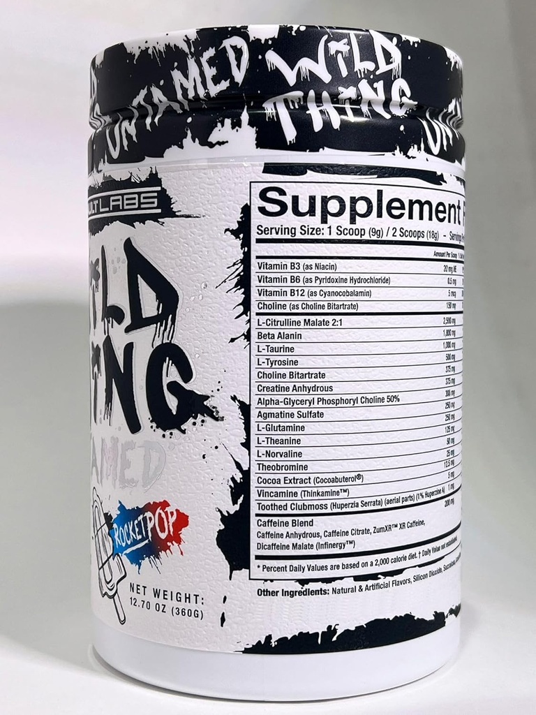 Wild Thing Pre Workout Powder Blend van Di-Citrulline Malate,Beta Alanine,L-Glutamine,Caffeine Anhydrous,L-Tyrosine,Huperzine,Cocoa Extract voor energie, spiergezondheid en focus Rocket Pop