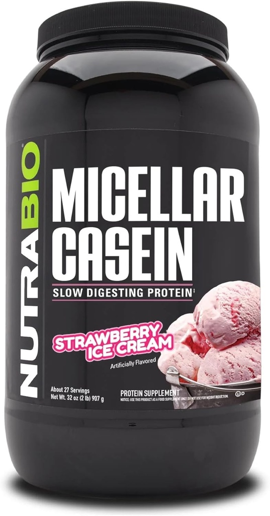 NutraBio Casein Protein pulver, Micellar Casien pulver, 25g langsom diading protein, hjelper holde deg full, Overnatting Muskel Recovery & Vekst, BCAA & EAA, Glutenfri, Soya gratis, 2lb Jordbær Iskrem