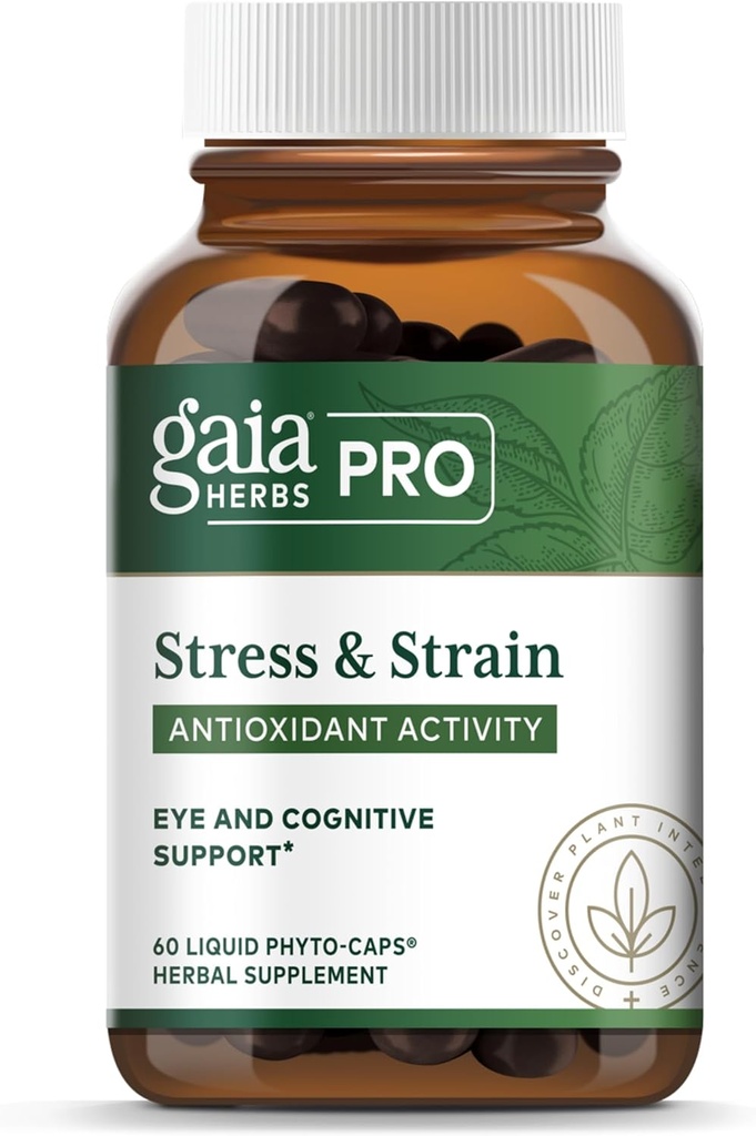 Gaia Herbs Pro Stress & Strain - Dukungan Kesehatan Mata - Fitur Astaxanthin, Lutein, Grape Benih & More - Vegan, Gluten- Free & Dairy- Free - 60 Liquid Phyto- Caps (60 Pelayan)