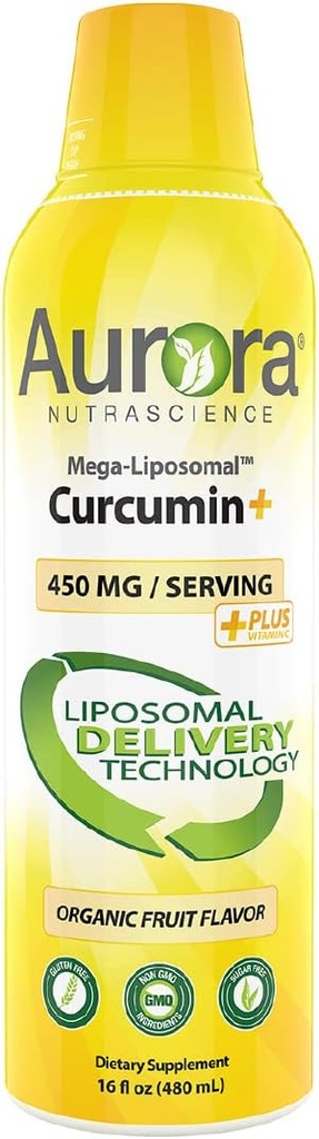 Aurora Nutrascience Mega-Liposomal Curcumin + Vitamin C med CurcuVail, støtter sunne ledd, muskler, GI-trakt, og hjernefunksjon, organisk, ikke-GMO, 32 serveringer, 16 fl oz