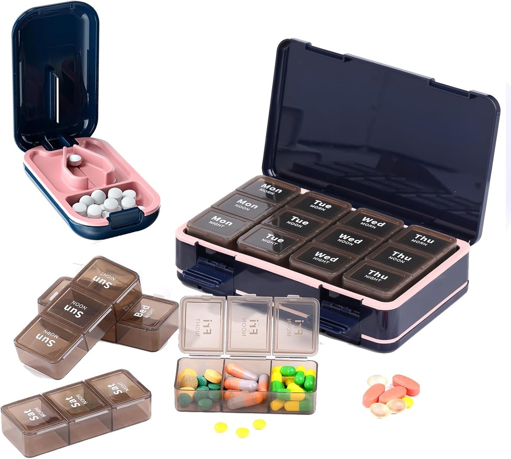 Pill Cutter + Pill organizētājs, Pill Splitter Pill Cutter maziem vai lieliem tabletes, Pill Box 7 Day Medicine 3 reizes dienā, Portable Pill Crusher & Pill Kaste Purse Pocket