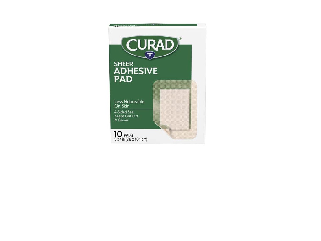 CURAD Sheer Adhesive Bandages, 4-Sided Seal, Absorbent Pad, 3" x 4", Розширений догляд за вадами, 10 граф, пакет 24