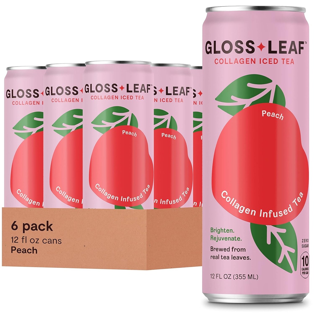 Gloss Leaf Collagen Iced Tea (Zero-Sugar, Peach): Collagen Peptides Protein & Vitamin C, Beauty & Anti-Aging, 12 Fl Oz, 6 Paket