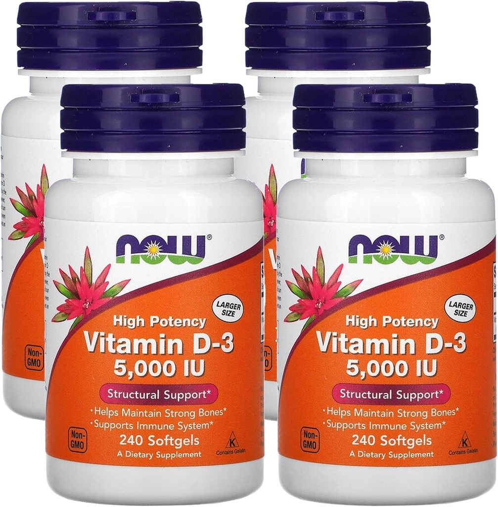Nu fødevarer nu Kosttilskud, vitamin D-3 5.000 IE, høj potens, strukturel støtte *, 240 Softgels (4 Pack)