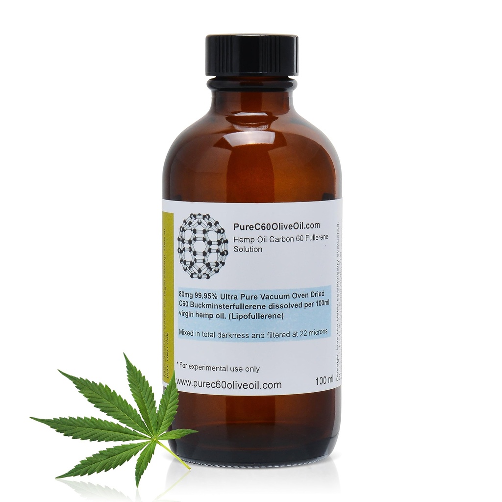 PureC60OliveOil C60 Organic Hemp Seed Oil 100ml / 3.4 Fl Oz - 99.95% Carbon 60 Solvent Free 80mg - Amber Glass Bottle - Food Grade - Carbon 60 Hemp Oil - from The Leading Global Producer