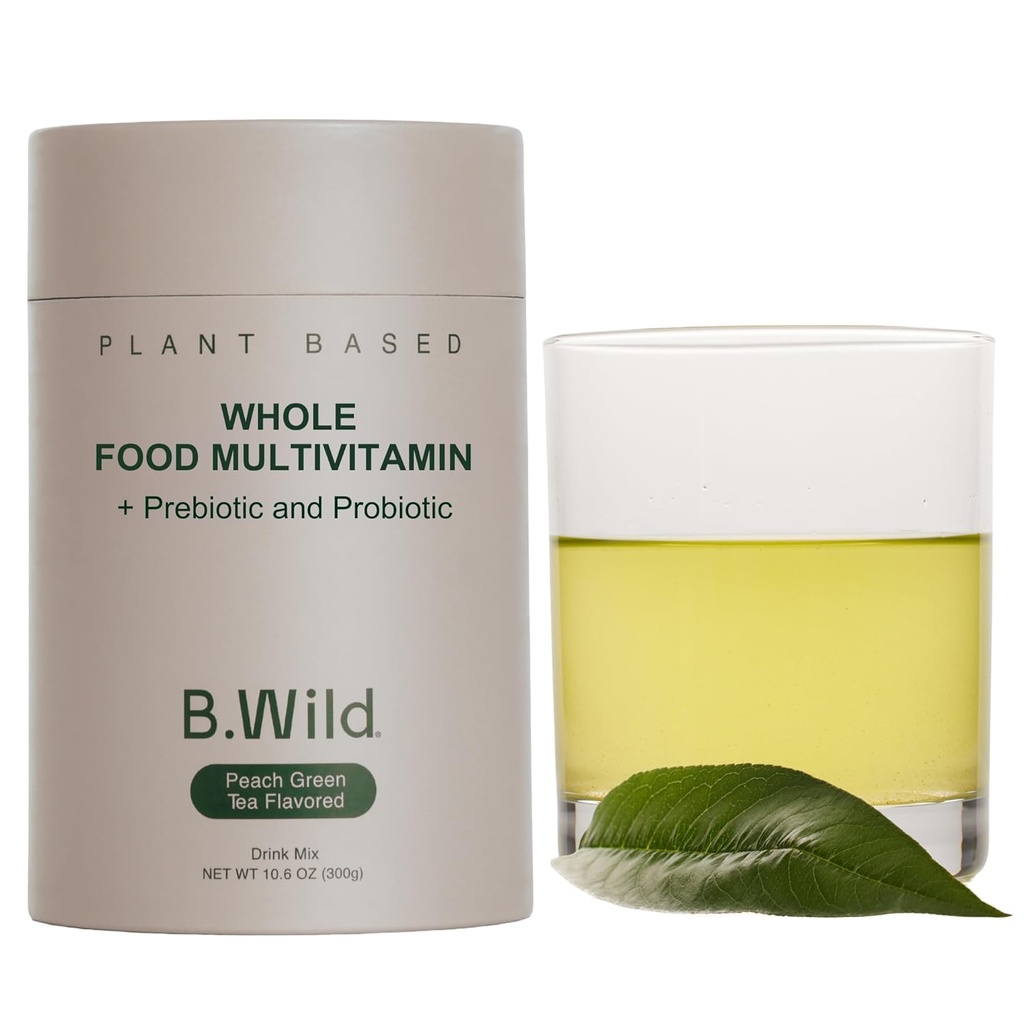 Mestura de bebidas multivitamínicas baseadas en plantas B. WILD - refrescante té verde de pexego con prebióticos, probióticos e adaptogenos para o apoio de saúde e estrés Gut - 30 servizos - Vegan, Gluten-Free