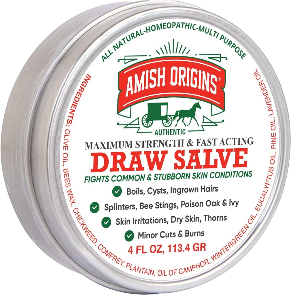 Amish Origins Drawing Salve Ointment, 4 oz Maximum Strength Fast Acting Draw Salve för Splinters, Boil, Bee Stings, Cyst, Anti Itch Cream, Made in USA
