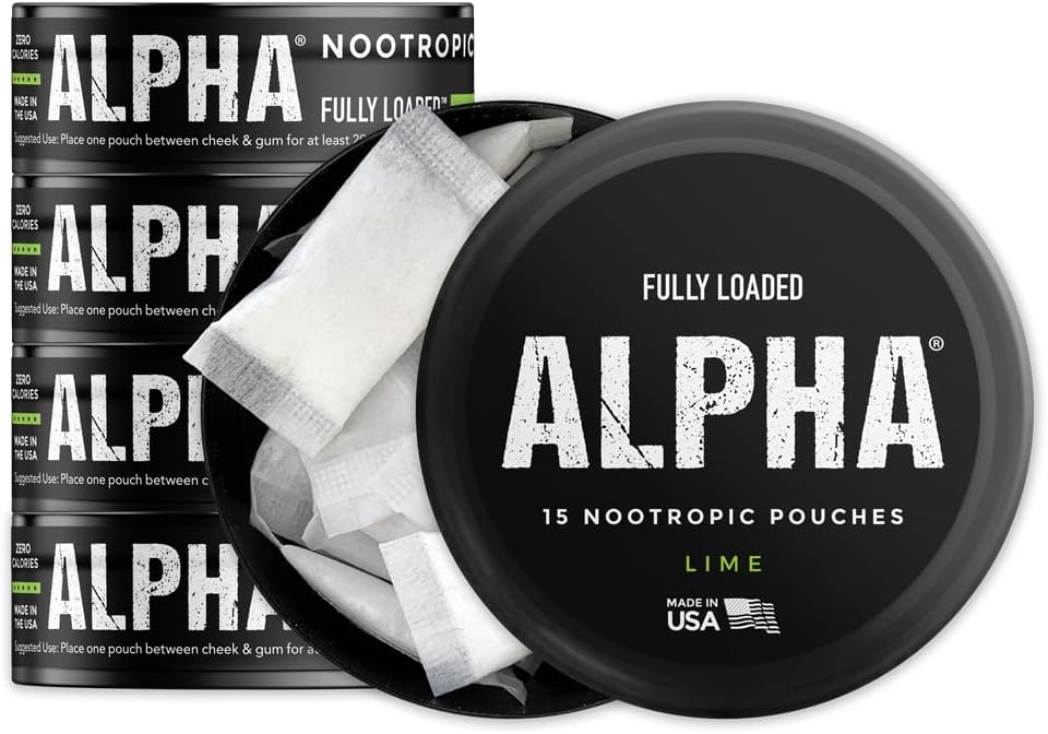 Fullt Loaded Alpha Nootropic Pouches (Lime) - 5 Cans - 15 påsar per burk - Effektiv Nootropic Delivery, Nic Pouch Replacement - Snabbare Absorption, Alpha GPC, L-Tyrosine, GABA