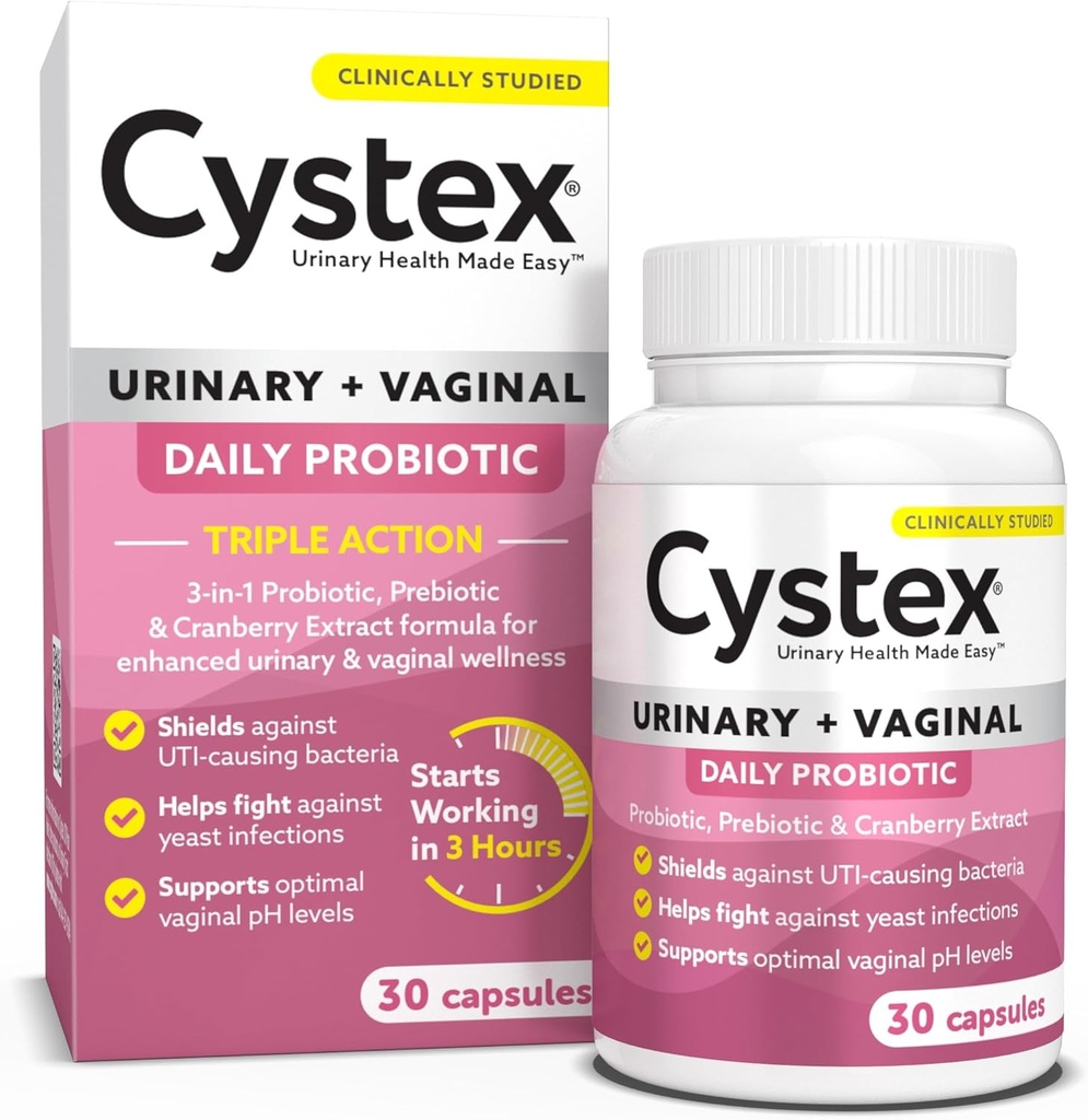 Cistex 3-in-1 Tratto urinario Probiotico per le donne - Fast-Acting UTI & Yeast Infection Support with Prebiotics, Probiotics, & Cranberry - Supporta pH vaginale & Flora Balance - 30 capsule
