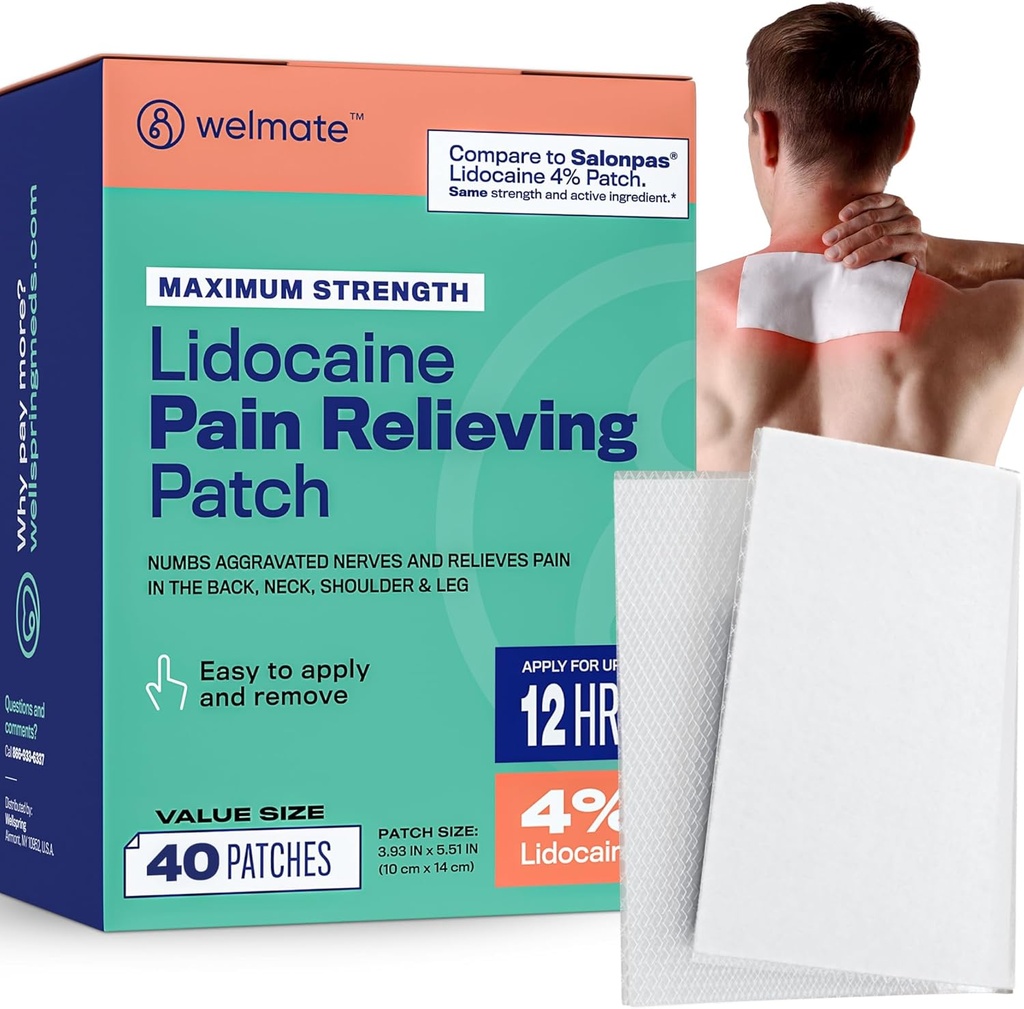 Patches de dor WELMATE A máxima forza Lidocaine 4% Analxésico de numeración tópico - Patches de lidocaína para alivio de dor nerviosa e de costas, Sciatica, estiramento muscular Neck, xeonllo, conxunto de ombreiros, Hip, Foot (40ct)