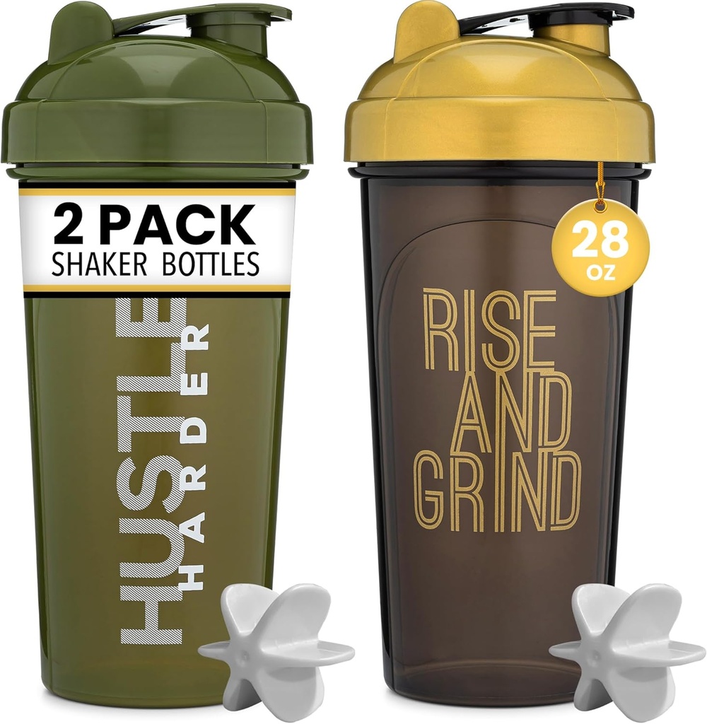 [2 Pack] 28oz Shaker Bottle with Motivational Quotes (Black/Gold & Moss) | Protein Shaker Bottle with Mixer Agitators | Blender Shaker Bottle for Protein Mixes Pack is BPA Free and Dishwasher Safe