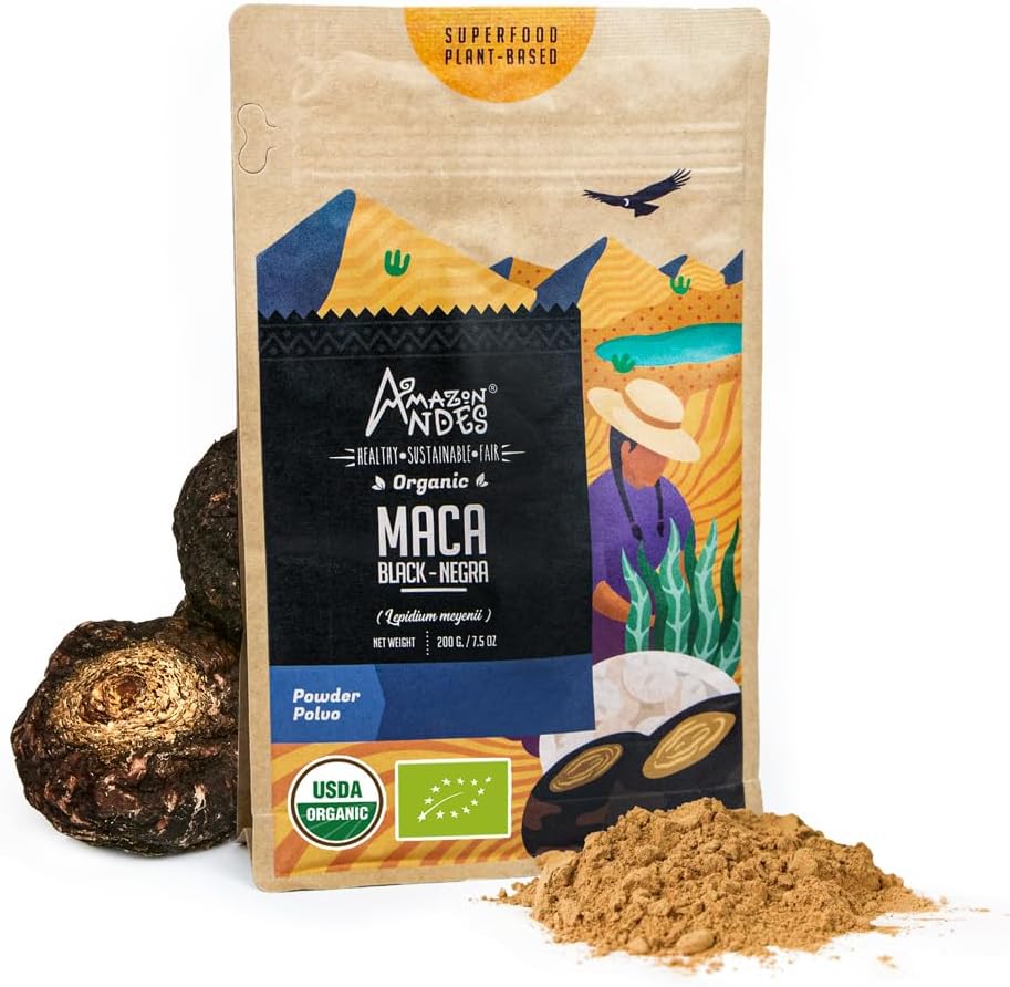 Andes Black Maca Root Pulveris (Lepidium meyenii) - satur Ogļhidrātus & Minerālus - Adaptogen superfood & Health Veicinātājs - Želatīns, Vegan, Non-GMO & Allegen-free - 7 Ounce (40 Servisi)