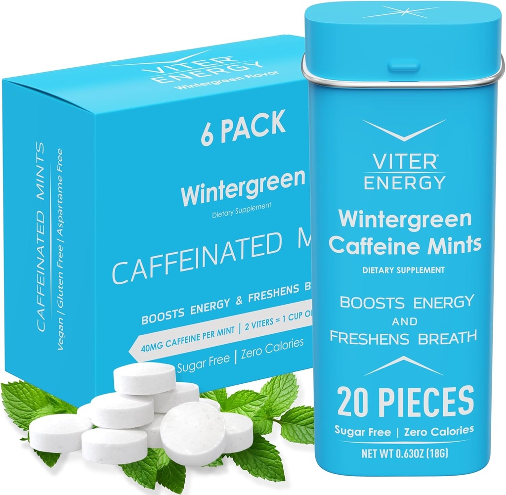 Viter energi Koffeinerte mynter 40 mg koffein, B vitaminer, sukkerfri. (Wintergreen, 20pcs, 6 Pack)