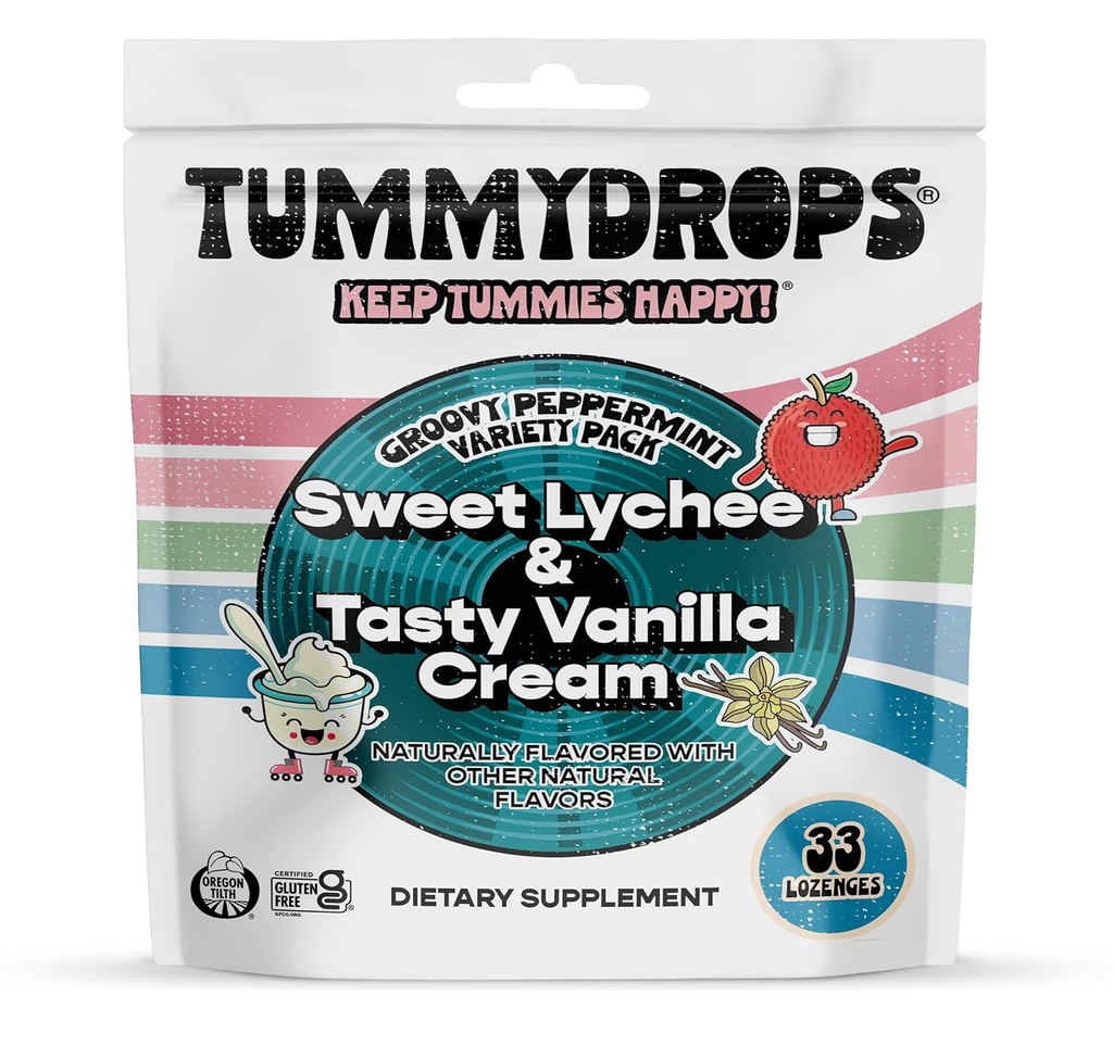 Tummydrops Groovy Peppermint Pack (Mix of Lychee & Tasty Vanilla Cream). Glutenvrij, Veganistisch, & Made With Organic Ingredients, 33 Individually Wrapped Assorted Pepermunt Lozen in een hersluitbare zak.