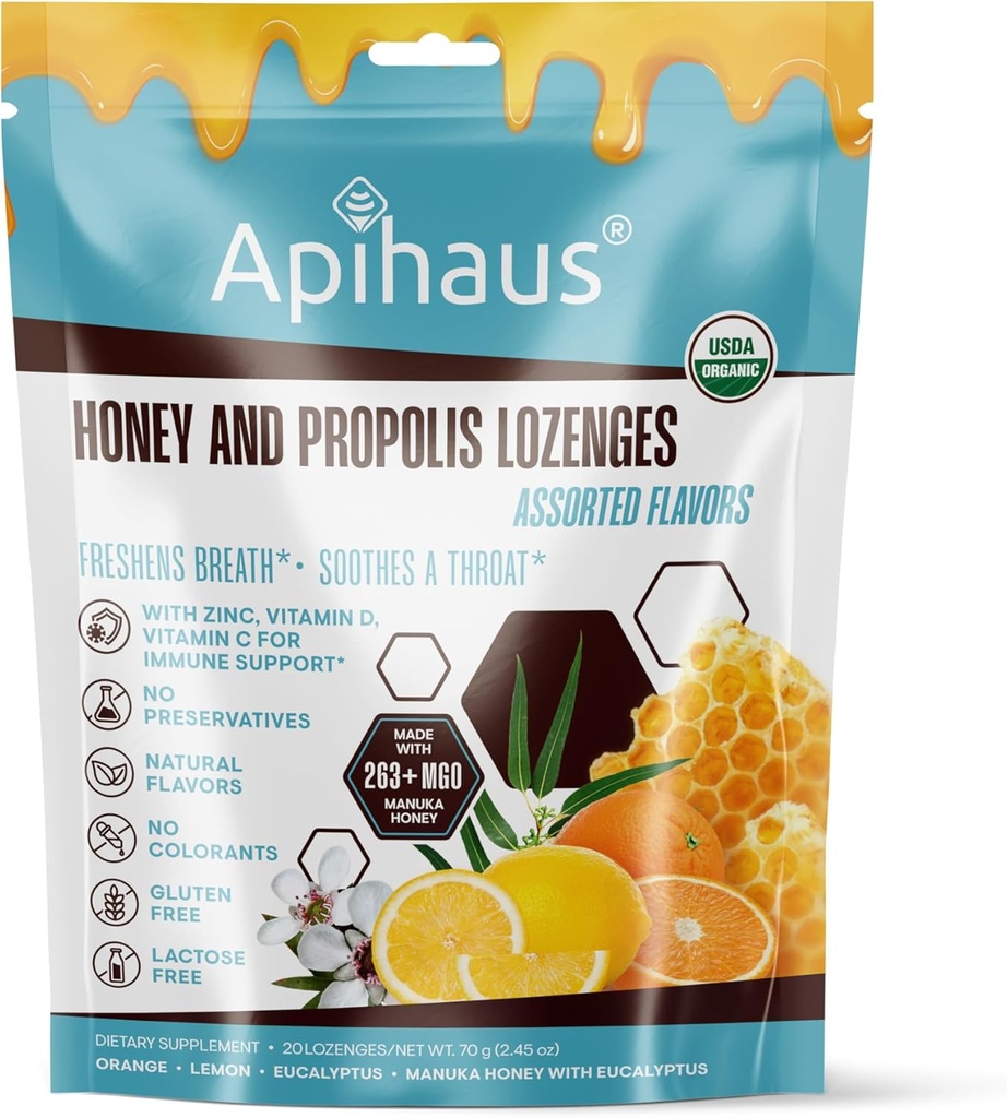 Honig und Propolis Lozenges Gesortete Flavors, Erfrischt Atem - Beruhigt eine Throat- Immununterstützung mit Vitamin C, Vitamin D und Zink, 20 Zähler