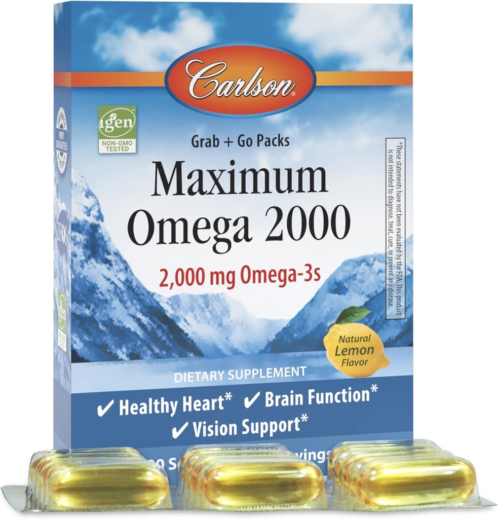 Carlson - Maksimum Omega 2000 Grab + Go Packs, 2000 mg Omega- 3s, Wild- Fanget, Norwegian Fish Oil Supplement, Sustainable Sourced Fish Oil Capsules, Lemon, 30 Softgel Pack
