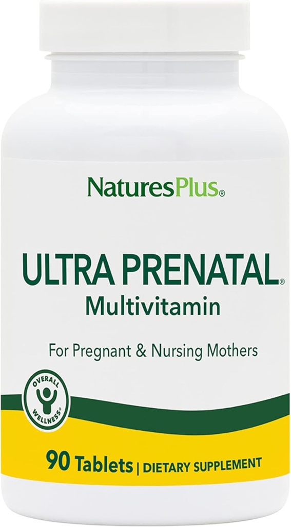NaturesPlus Ultra Prenatal Multivitamin - 800 mg Folat, 90 vegetariske tabletter - Prenatal Supplement med jern, jodin, kalsium & B-kompleks vitaminer - Glutenfri - 45 Serveringer