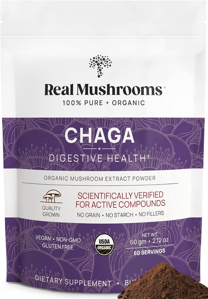 Real Houby Chaga Houba Powder - Organic Chaga Extract from Fruiting Body - for Daily Wellness & Energy Support - Vegan, Non- GMO, 60 Servings Houbový dodatek