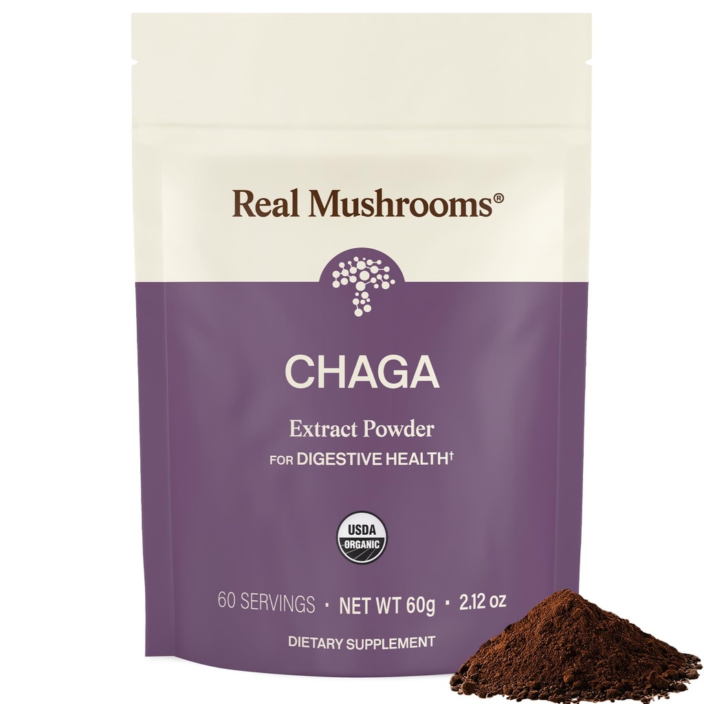 Real Mushrooms Chaga Mushroom Powder – Organic Chaga Extract from Fruiting Body – for Daily Wellness & Energy Support – Vegan, Non-GMO, 60 Servings Mushroom Supplement