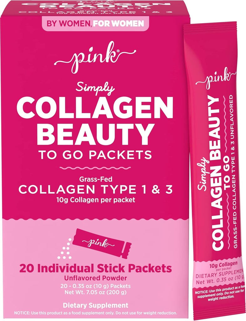 PINK kollagen pulver til å gå | 20 reise pakker | Unflavored pulver type 1 & 3 | Glutenfri og ikke-GMO Grass Fed Peptides