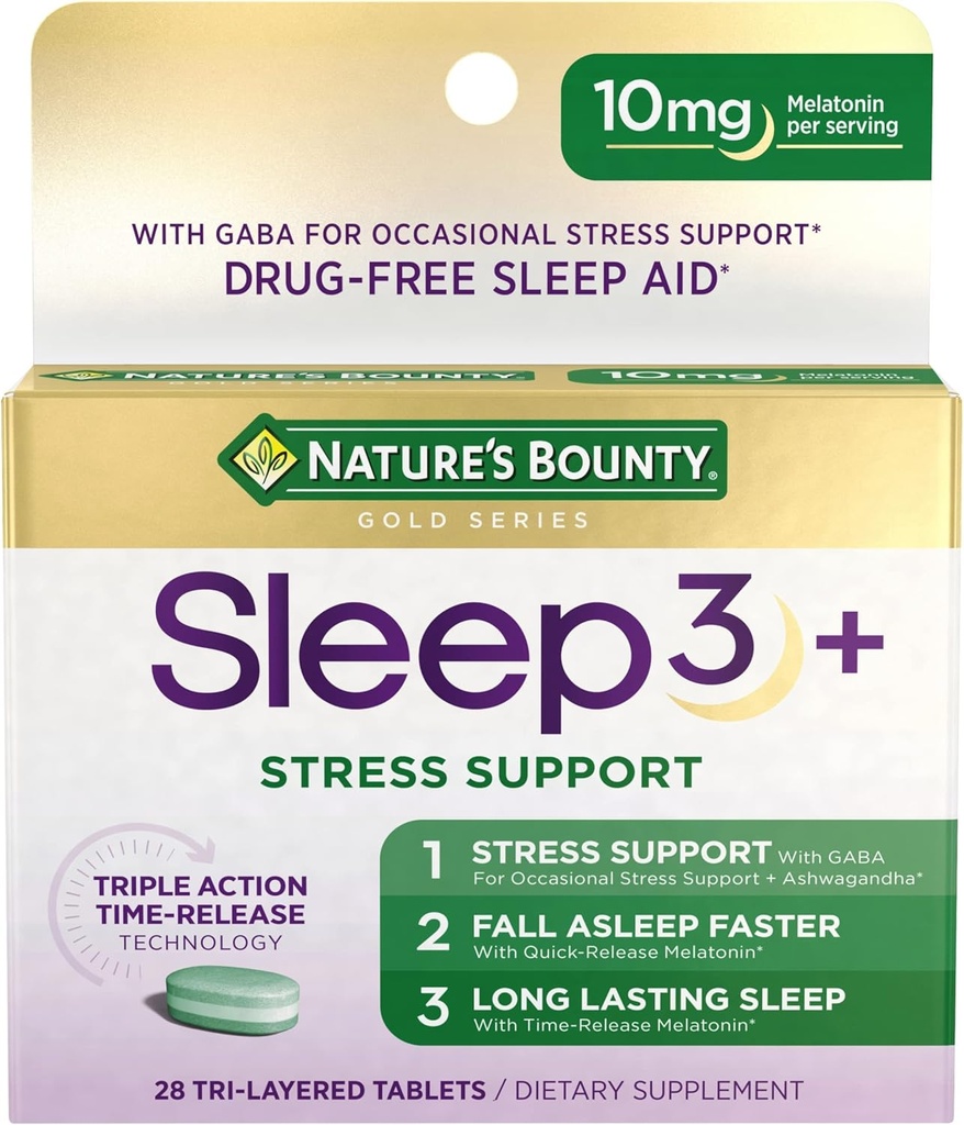 Nature 's Bounty Sleep + Stress Support, Sleep3 Maximální síla 100% Drogy zdarma spánková pomoc, Dietní dodatek s Ashwagandha, Time Release Technology, 10mg, 28 Tri- Layered Tablety