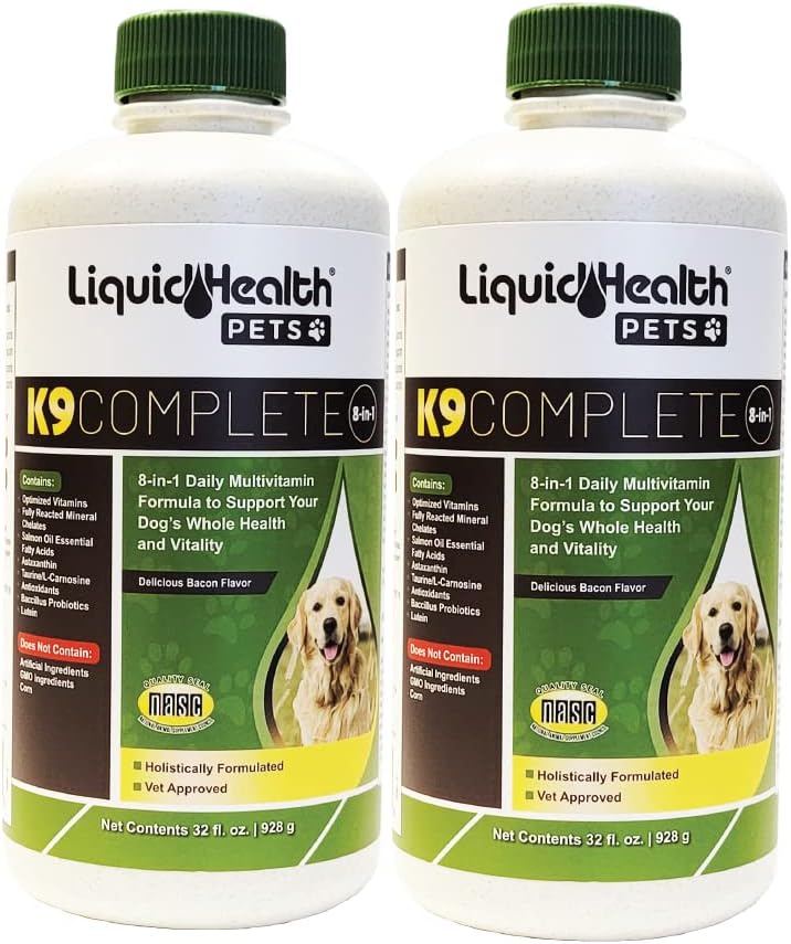 LIQUIDHEALTH Pets K9 Completa 8-in-1 líquido multivitamínico para adultos Senior Dogs & Puppies, todo nunha fórmula completa de vitaminas caninas para pel e abrigo, saúde conxunta, apoio inmune - USA Made (2 Pack)